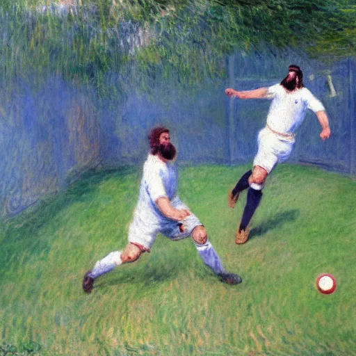 Prompt: monet painting of a bearded man getting hit in the groing with a soccer ball, highly detailed, realistic,