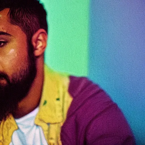 Image similar to a crowded party, a man is sitting in a corner by himself playing fortnite, pastel background colours and square lighting structures in the background. 2 0 0 mm, bokeh, kodak ektar 1 0 0, portrait photography,