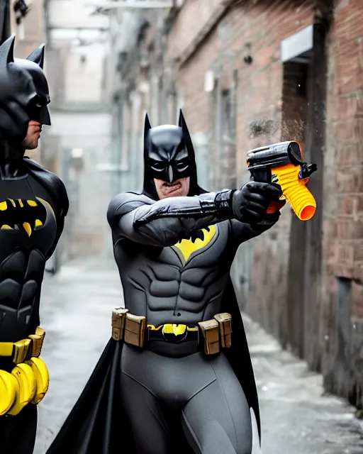 Image similar to happy batman firing super soaker water gun in an alleyway, everyone having fun, product advertisement, photography