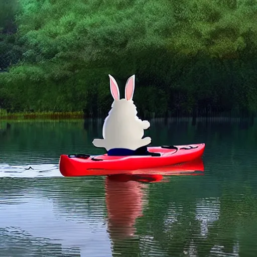 Prompt: a rabbit paddling a kayak in the style of studio ghibli