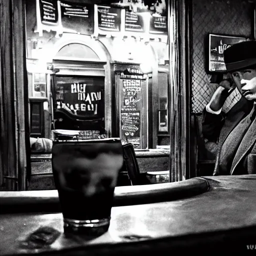 Image similar to noir movie scene, sirenhead at a pub waiting for a friend