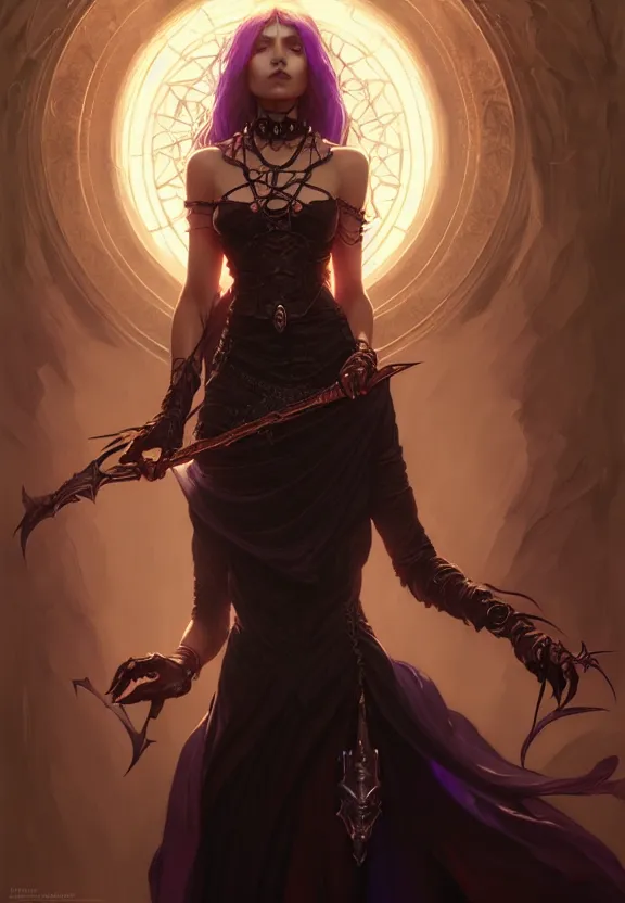 Image similar to Necromancer Sorceress in center, fantasy magic, undercut hairstyle, dark light night, intricate, elegant, sharp focus, illustration, highly detailed, digital painting, concept art, matte, art by WLOP and Artgerm and Greg Rutkowski and Alphonse Mucha, masterpiece