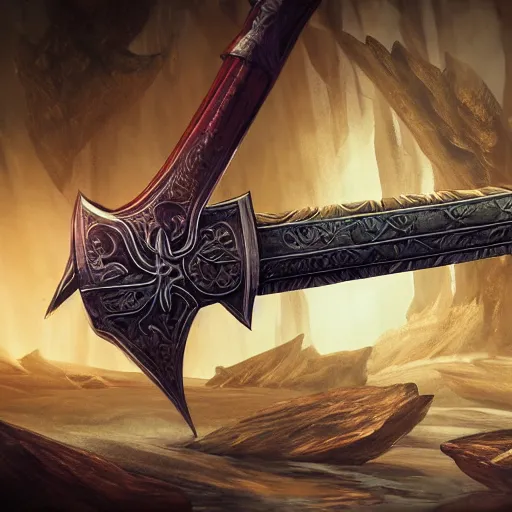 Image similar to concept art of rare legendary sword weapon, rpg, weapon, detailed, digital art, d & d, incredible, digital painting, no noise, global illumination, warm lighting, volumetric, vivid, intricate details, ultra realistic, volumetric lighting, warm colors advance, cell shading, hyper realism, matte painting, realistic octane render, highly detailed