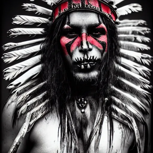 Prompt: native warrior wearing demon warpaint, black feathr head wear, award winning photograph