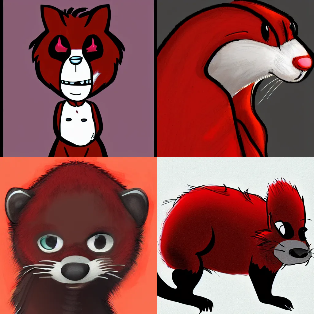 Prompt: digital colored sketch of a red & black furry weasel / stoat fursona, anthropomorphic, haunted eyes