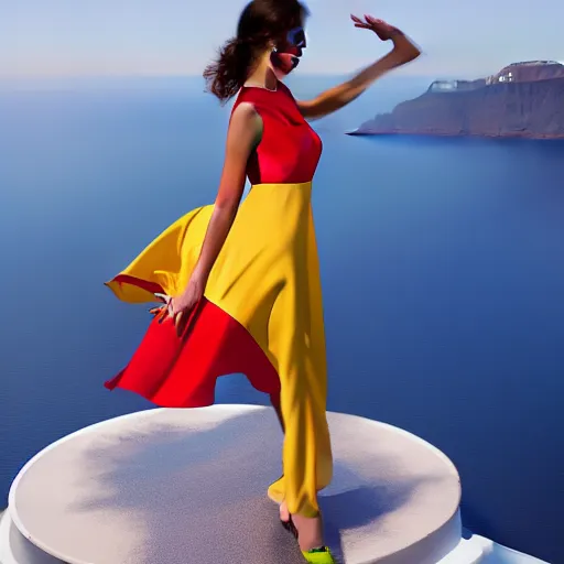 Image similar to beautiful modern dancer wearing a red and yellow and blue swirling dress, standing on a Santorini terrace looking down at the ocean, artstation, cinematic, unreal 5, DAZ, hyperrealistic, octane render, dynamic lighting