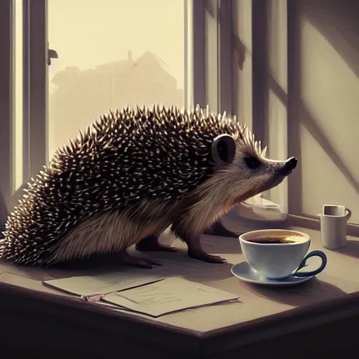 Image similar to photorealistic render of a hedgehog drinking coffee in the morning, by wlop, artgerm, greg rutkowski, alphonse mucha, beautiful dynamic dramatic dark moody lighting, shadows, cinematic atmosphere, artstation, concept design art, octane render, 8 k