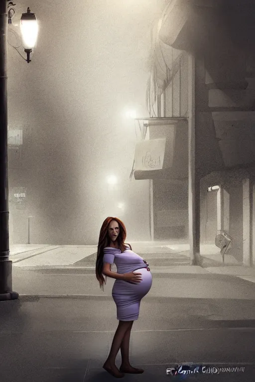 Prompt: pregnant woman under street light, highly detailed, sharp focused, ultra realistic digital concept art by Eugenio Álvarez Dumont