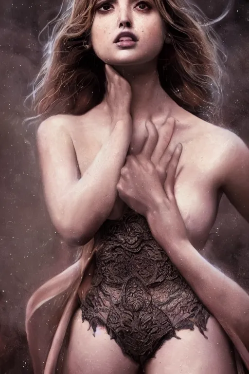 Prompt: Ana de armas wearing underwear from behind face turn back Majestic and regal portrait, Perfect face, beautiful, intricate, epic, elegant, menacing, fantasy, highly detailed, digital painting, hard focus, beautiful volumetric lighting, epic light, ultra detailed, by Leesha Hannigan, Ross Tran, Thierry Doizon, Kai Carpenter, Ignacio Fernández Ríos