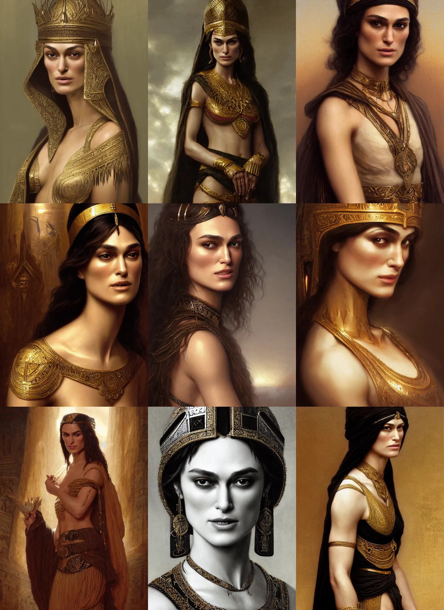 Prompt: portrait black keira knightley as female pharaoh, intricate, elegant, highly detailed, digital painting, artstation, concept art, smooth, sharp focus, illustration, orientalism, edwin long, theodore ralli, aleksi briclot, rutkowski, bouguereau