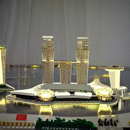 Image similar to a lego model of Marina Bay Sands, highly detailed, museum lighting