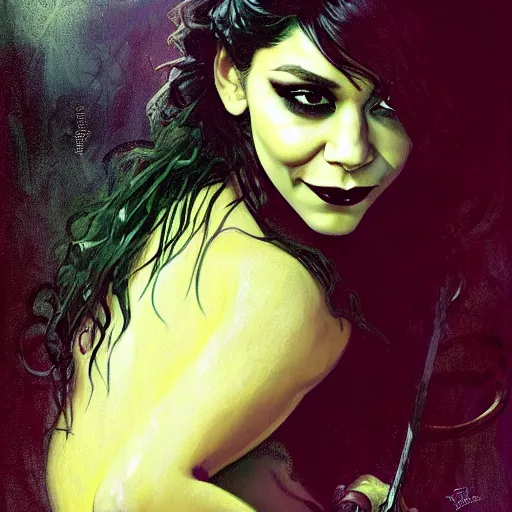 Image similar to beautiful portrait of vanessa hudgens as death from sandman, smiling, by cedric peyravernay, alphonse mucha, by jeremy mann, by lecouffe deharme, goth chic, soft lightning, eyeliner, punk rock, high detailed, 8 k