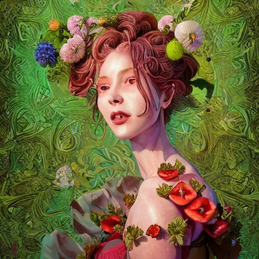 Prompt: the portrait of an absurdly beautiful, graceful, elegant, sophisticated, chaste woman made of strawberries and green petals looking up, an ultrafine hyperdetailed illustration by kim jung gi, irakli nadar, intricate linework, bright colors, octopath traveler, final fantasy, unreal engine 5 highly rendered, global illumination, radiant light, detailed and intricate environment