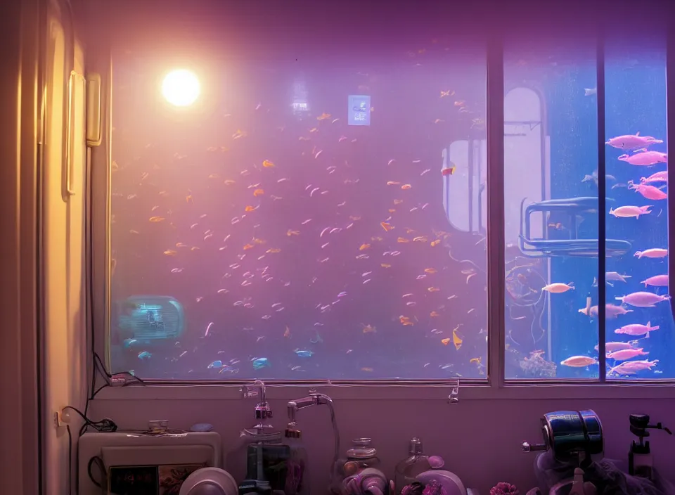 Image similar to telephoto 7 0 mm f / 2. 8 iso 2 0 0 photograph depicting the feeling of power in a cosy cluttered french sci - fi ( art nouveau ) pale cyberpunk apartment in a pastel dreamstate art cinema style. ( aquarium, shower, window ( city ), led indicator, lamp ( ( ( gym ) ) ) ), ambient light.