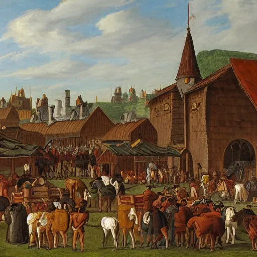 Prompt: a medieval horse market, by john how