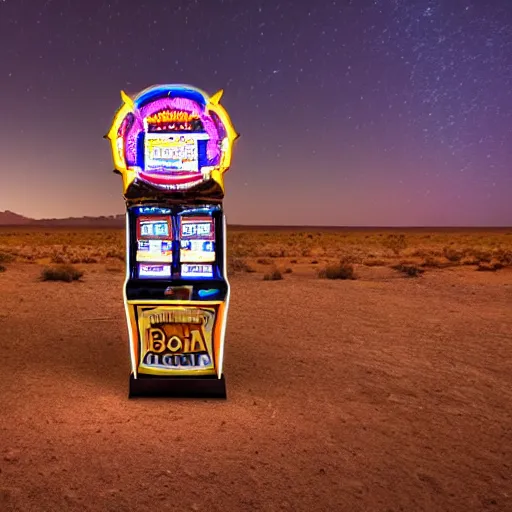 Image similar to a slot machine in the middle of a desert at night, wide shot, liminal space,