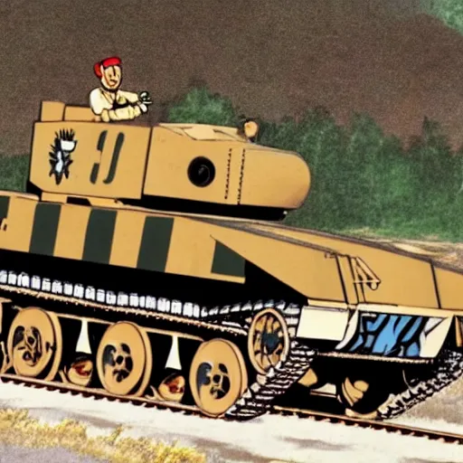 Prompt: archive footage still of Thomas the Abrams Tank