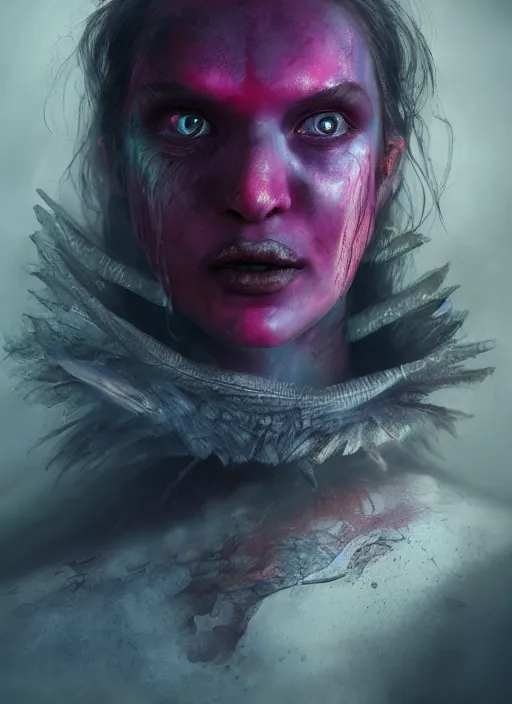 Prompt: portrait of sinister girl with pouty aerochrome lips, skeksis, unforgiving, bandaid on nose, expressive eyes, full body, translucent skin, greg rutkowski, charlie bowater, yuumei, stephen gammell, unreal 5, daz, hyperrealistic, octane render, rpg portrait, dynamic lighting, fantasy art, beautiful face