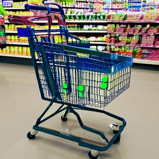 Image similar to a shopping cart made of unique technology, cameras, lasers, in the style of an apple product, futuristic, inside of a grocery store