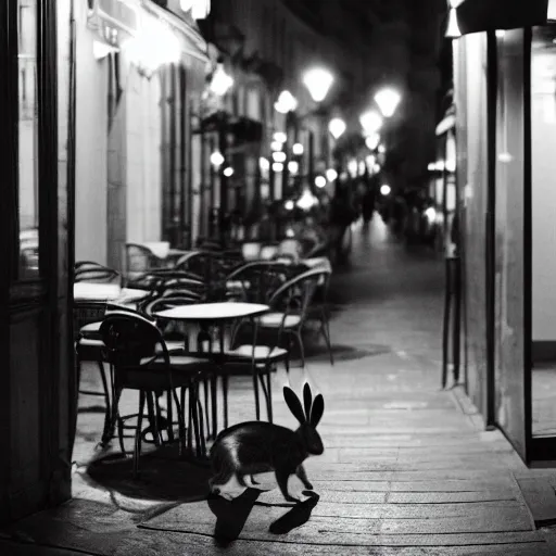 Image similar to a rabbit sitting outside a cafe in paris at night, the eiffel tower is visible in the background, black and white photograph