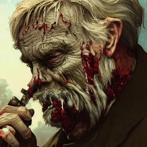 Prompt: elderly zombie man tearing off his face, intricate, art by artgerm and greg rutkowski and alphonse mucha and william - adolphe bouguereau, high detailed, 4 k,