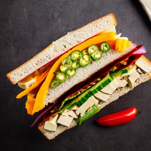 Prompt: sandwich of led lights with tofu, tomat, onion, jalapeno and cheddar, studio photo, amazing light