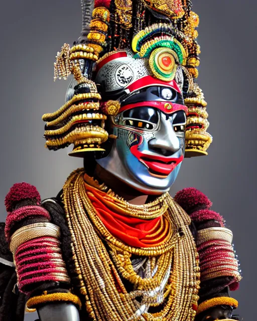 Image similar to photo of a Dramatic Kathakali male character with traditional headgear painted face wearing futuristic robocop LED goggles and futuristic robot armour with wide traditional ghaghra in the style of stefan kostic, full body, realistic, sharp focus, symmetric, 8k high definition, insanely detailed, intricate, elegant, art by stanley lau and artgerm, Hajime Sorayama, William-Adolphe Bouguereau