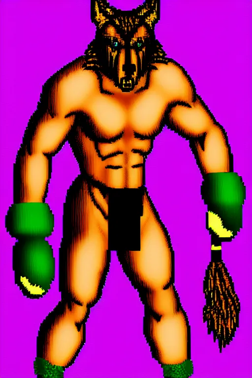 Prompt: full body shot antropomorphic muscular masculine wolf. kickboxer. wolf head. furr on body. 8 bit nes graphics. 1 6 color palitre. vaporwave futuristic 8 0's