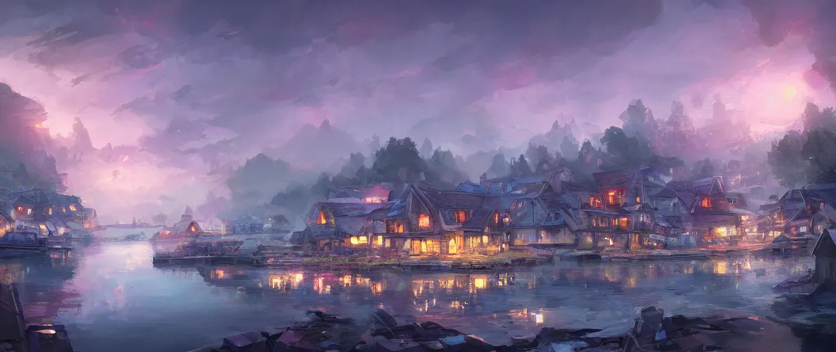 Image similar to fishing village crowded with houses around a lake, concept art, digital painting, style of jordan grimmer, warm lighting, futuristic, volumetric lighting, view from below, vivid colours, bright, daytime, godrays, high detail