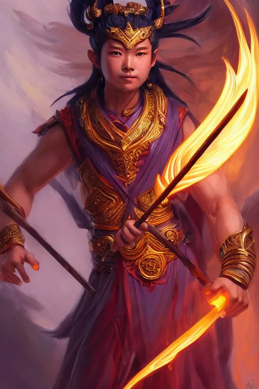 Image similar to a masterpiece portrait of nezha, legendary god holding spear, boy, flame everywhere, epic pose, fantasy character portrait, closeup shot, hyper detailed, digital painting, 8 k realistic, trending on artstation, sharp focus, dof, by fenghua zhong, artgerm, ne zha from smite, jeff easley, raymond swanland