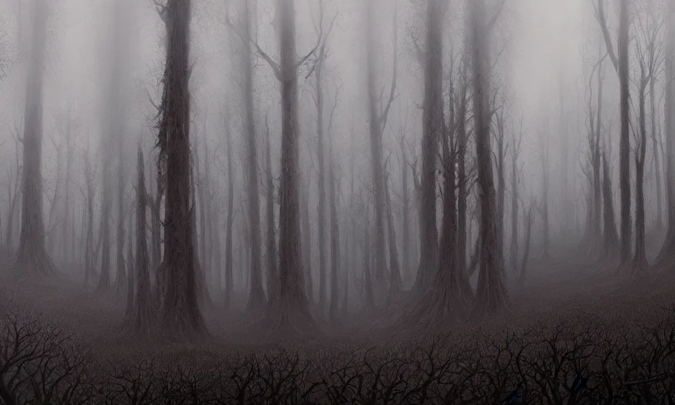 Prompt: A highly detailed 4K fantasy matte painting of a foggy dead forrest, zdzislaw beksinski, ArtStation, CGSociety, Unreal Engine