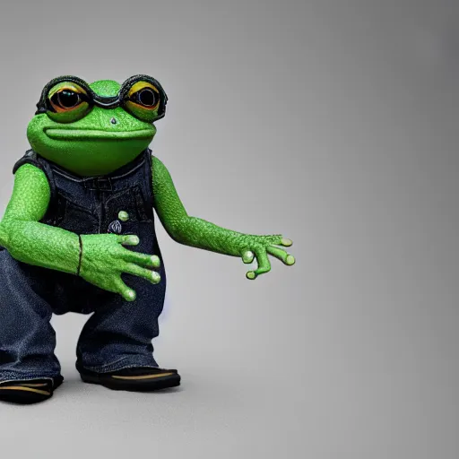 Image similar to perfectly accurate miniature figure of pepe the frog wearing jeans and a black leather jacket, soft textures, skin texture, clothing, 3d sculpture, textured, fine detail, lifelike, photo, high resolution, octane render, post processing, after effects, trending on artstation