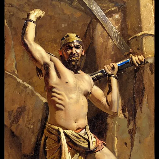 Image similar to a scrappy bronze age thief man, ancient mesopotamia, hiding, opportunistic expression, sword and sandal character portrait by theodore ralli and nasreddine dinet and anders zorn and nikolay makovsky and edwin longsden long