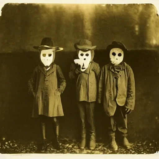 Image similar to portrait of children wearing masks, photograph, style of atget, 1 9 1 0, creepy, dark