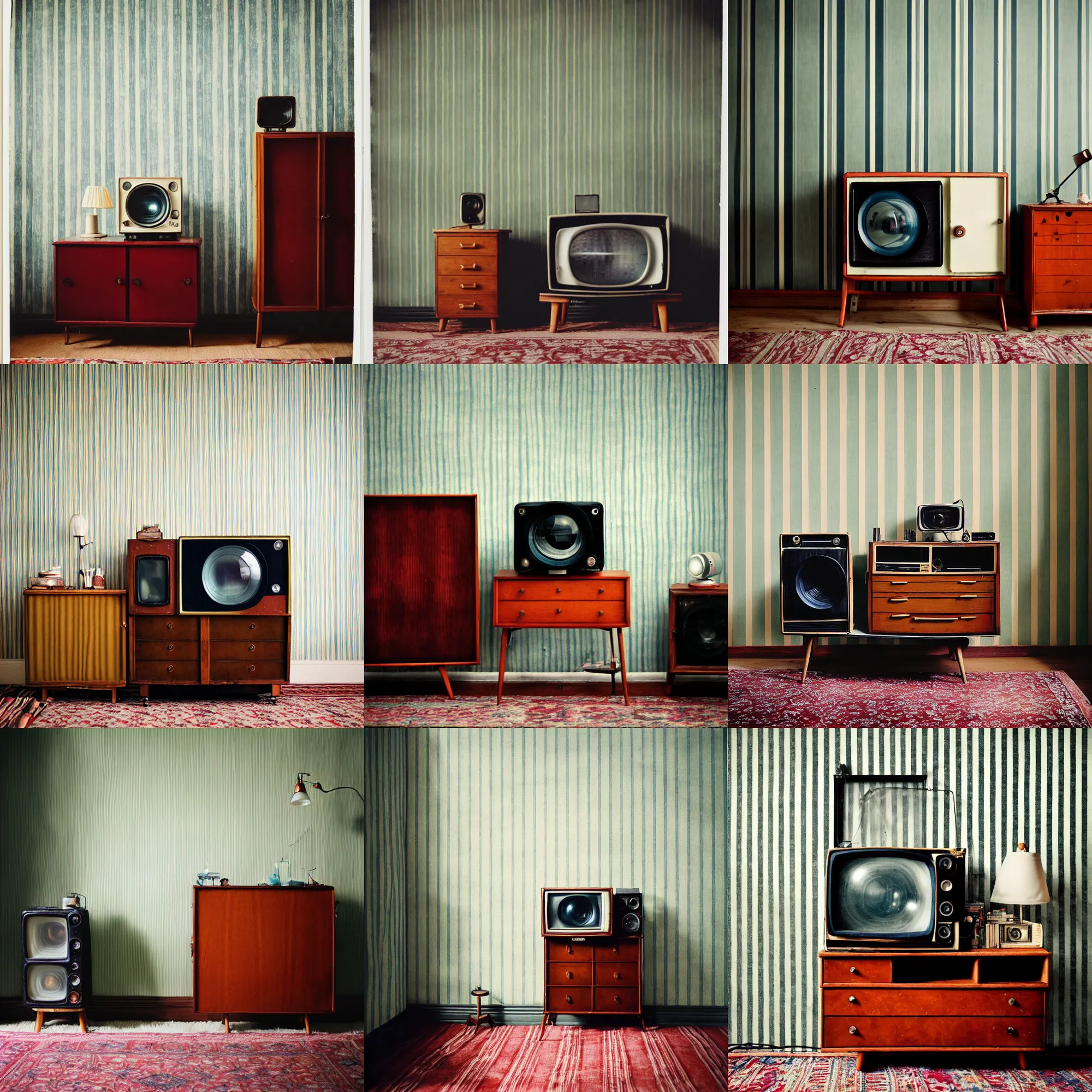 Prompt: kodak portra 4 0 0, wetplate, portrait photo by britt marling, 1 9 2 0 s room, haze, a giant vintage television, 1 9 2 0 s furniture, striped wallpaper, picture frames, carpet, shining lamp, muted colours, blueberry, wood,