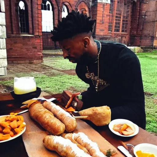 Prompt: “ 2 1 savage eating sausage, award winning pork, actual photo from 1 0 5 6 ad ”