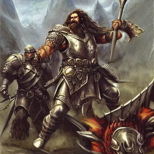 Image similar to Dwarven iron guard fighting a dragon. Thorin. The lord of the rings. Epic painting by james gurney.