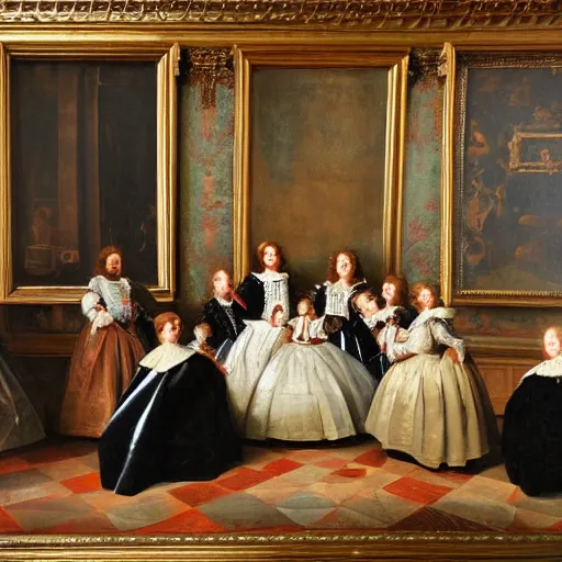 Prompt: oil canva family portrait in the main room of the castle painted in 1 6 5 6 inspired by las meninas, spaces between subjects and good detail and realistic faces by diego velasquez better quiality