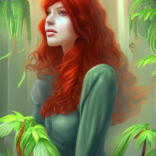 Image similar to a portrait of a redhead woman and ancient ruins with plants,digital art,retrowave art,trending on art station