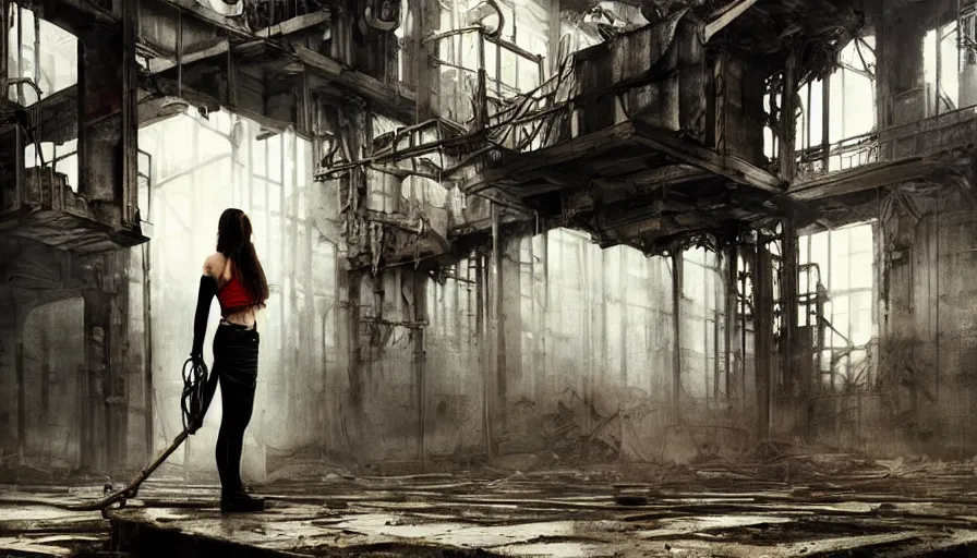 Image similar to dark moody photo of a female mechanic standing on a derelict factory floor with old rusting machinery, elegant, highly detailed, smooth, sharp focus, illustration, beautiful, geometric, art by Tom Bagshaw