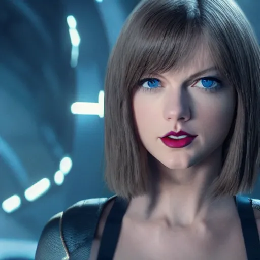 Image similar to cinematic still of taylor swift in alita : battle angel ( 2 0 1 9 ), xf iq 4, f / 1. 4, iso 2 0 0, 1 / 1 6 0 s, 8 k, raw, dramatic lighting, symmetrical balance, in - frame