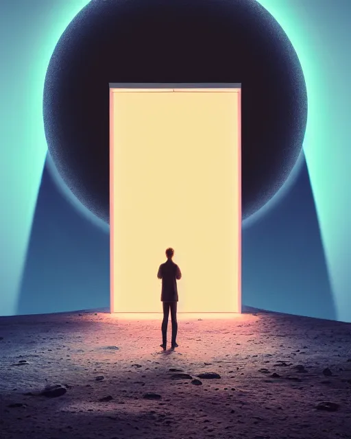 Image similar to a person standing in front of a glowy open door that's on a barren moon, poster art by mike winkelmann, trending on cg society, space art, sci - fi, ue 5, futuristic, volumetric lighting