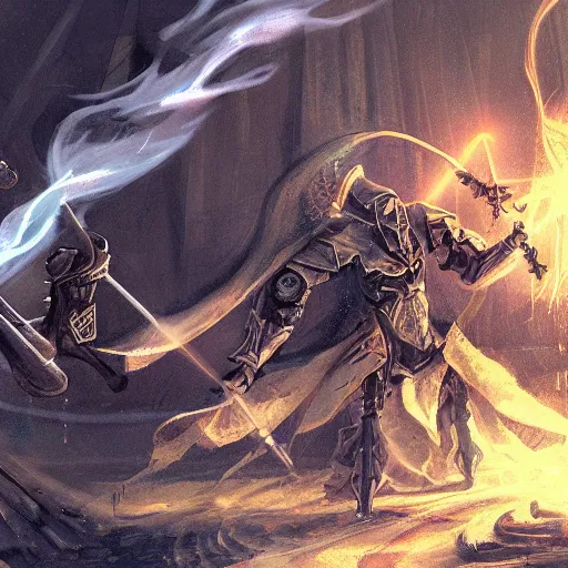 Image similar to a wizard hitting a robot with a staff, fantasy, concept art, dramatic, action shot, hyper detailed
