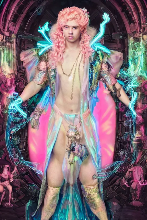 Prompt: full-body rococo and cyberpunk delicate neon crystalline sculpture of ((young muscular golden albino prince Joe Jonas)) as an blue iridescent humanoid deity wearing ((peach plastic hooded cloak)) (holding a human skull) in a black castle dungeon, reclining, glowing pink face, crown of (pink lasers), large blue diamonds, swirling black silk fabric. futuristic elements. oozing glowing liquid, full-length view. space robots. intricate artwork by caravaggio. Trending on artstation, octane render, cinematic lighting from the right, hyper realism, octane render, 8k, depth of field, 3D