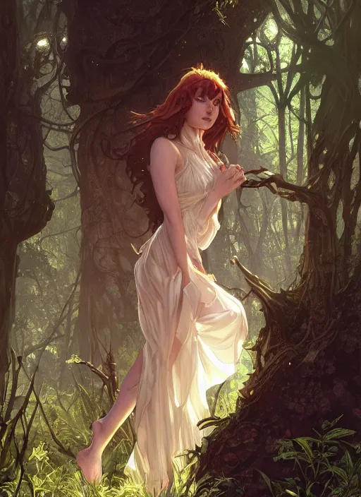 Image similar to a beautiful cute young demon princess in a forest, D&D, fantasy, intricate, cinematic lighting, highly detailed, digital painting, artstation, concept art, smooth, sharp focus, illustration, art by Terry Moore and Greg Rutkowski and Alphonse Mucha