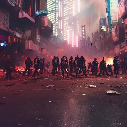 Image similar to photograph of a riot in a cyberpunk city street