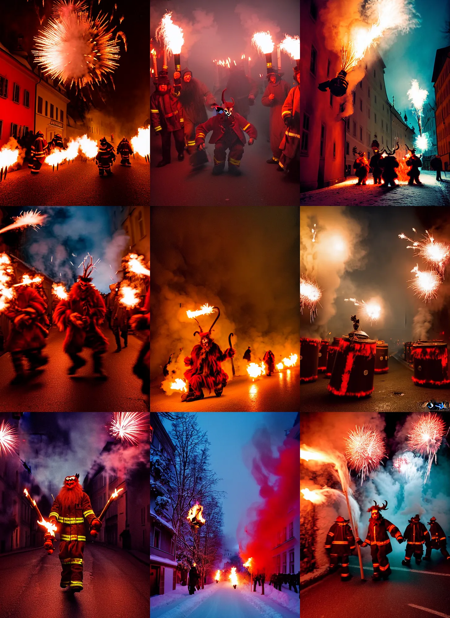 Prompt: kodak portra 4 0 0, winter, hellfire, award winning dynamic photograph of a bunch of hazardous krampus between fire barrels by robert capas, motion blur, in a narrow lane in salzburg at night with colourful pyro fireworks and torches, teal lights