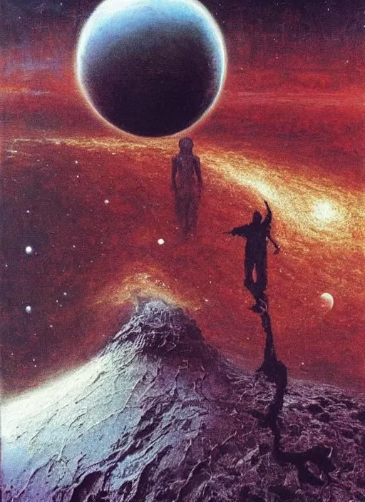 Image similar to Morgan Freeman exploring the space as creator of the world, overview in style of beksinski