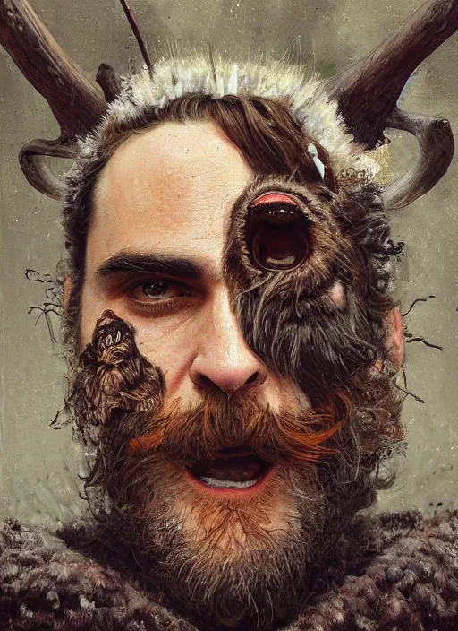 Image similar to a hyper detailed painting of joaquin phoenix surrounded by animals, cow horns, pig nose, sheep wool, chicken feather armor, horror, by anna podedworna, by miklos ligeti, by diego maricato, by taran fiddler, by antonino truisi, by chris reddie, by jinsung lim, trending on artstation