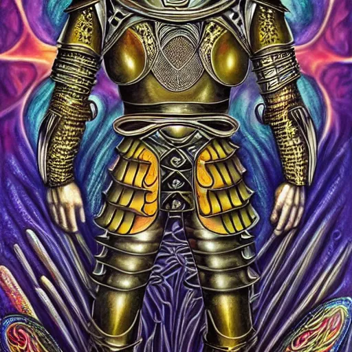 Image similar to medieval fantasy armored knight, by alex grey, TOOL band art, psychedelic, fractals, detailed, 8K